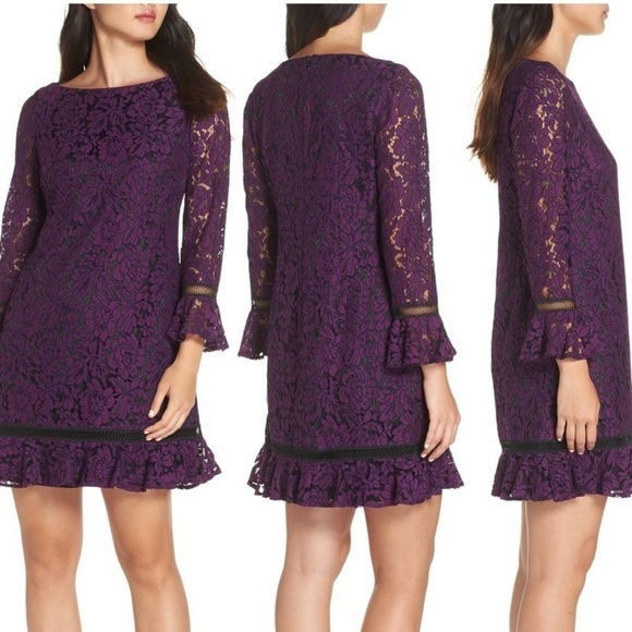 Eliza J Dresses & Skirts - Eliza J Purple Flare Sleeve Lace Shift Dress Size 8P